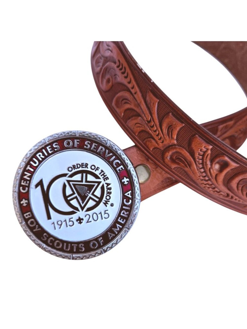 Boy Scouts Centennial Hand Tooled Leather Belt Bison Designs Symbol Buckle 2015